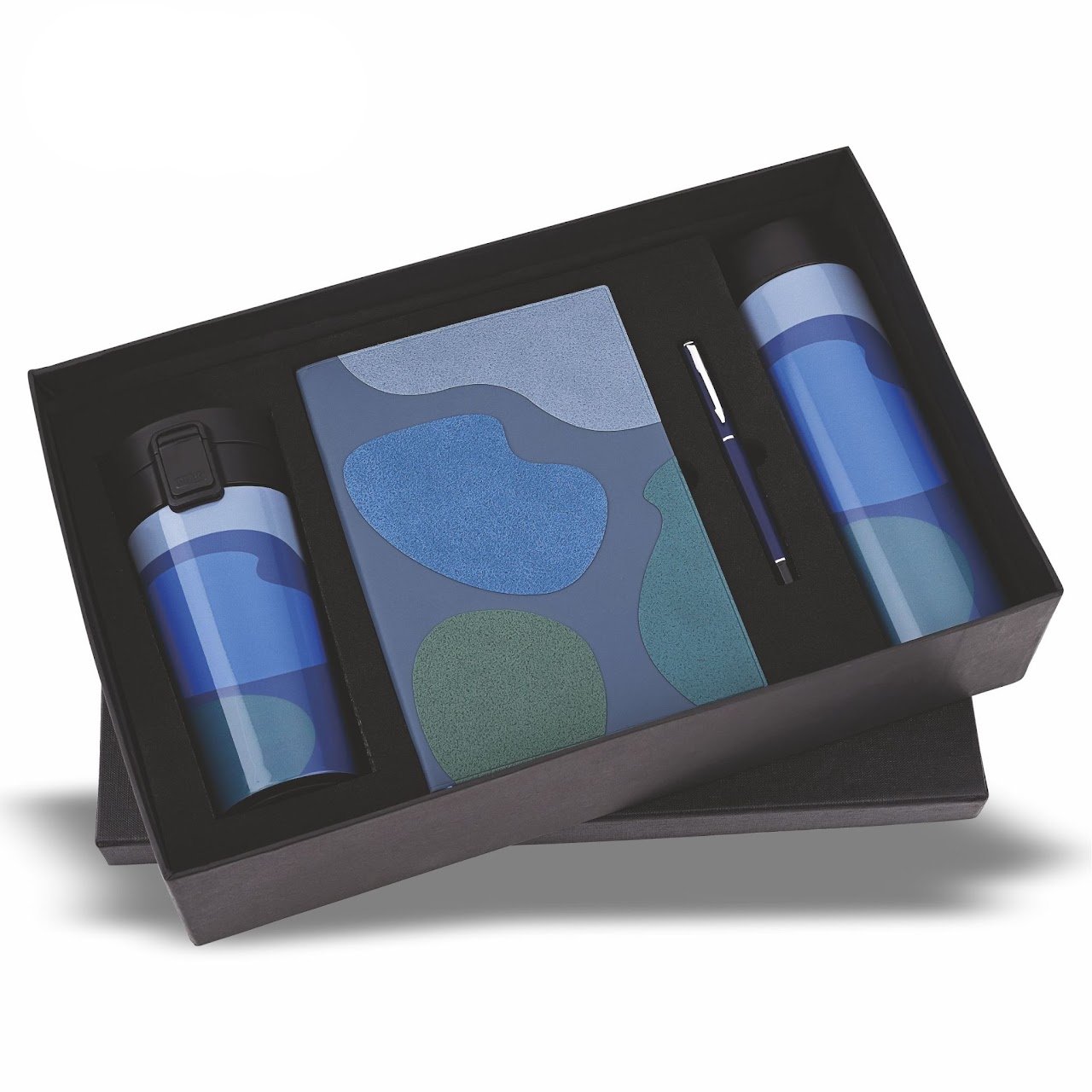 Blue Abstract Diary, Pen, Bottle and Mug
