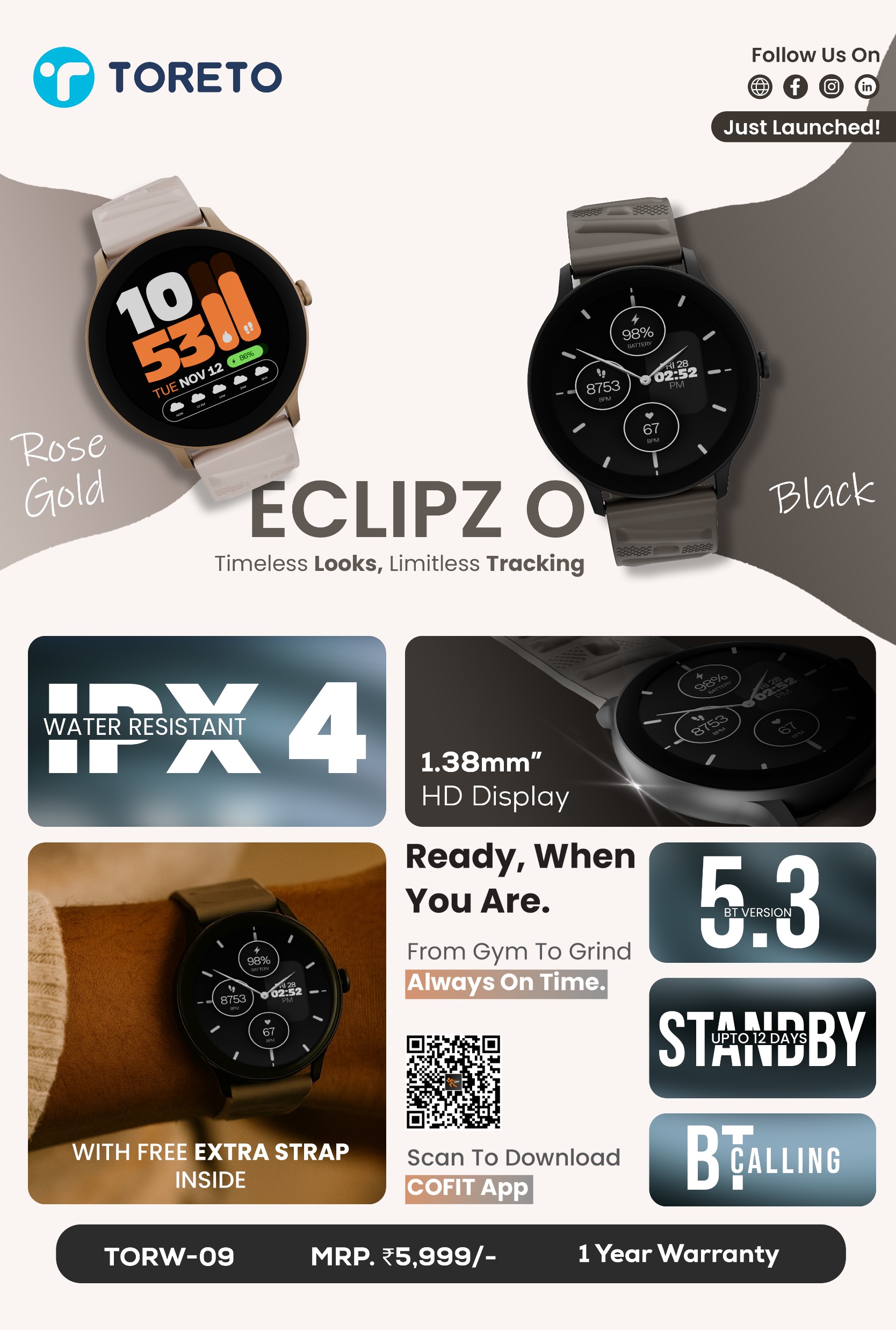 Toreto Premium Smart Watch ECLIPZ O (Black & Rose Gold)