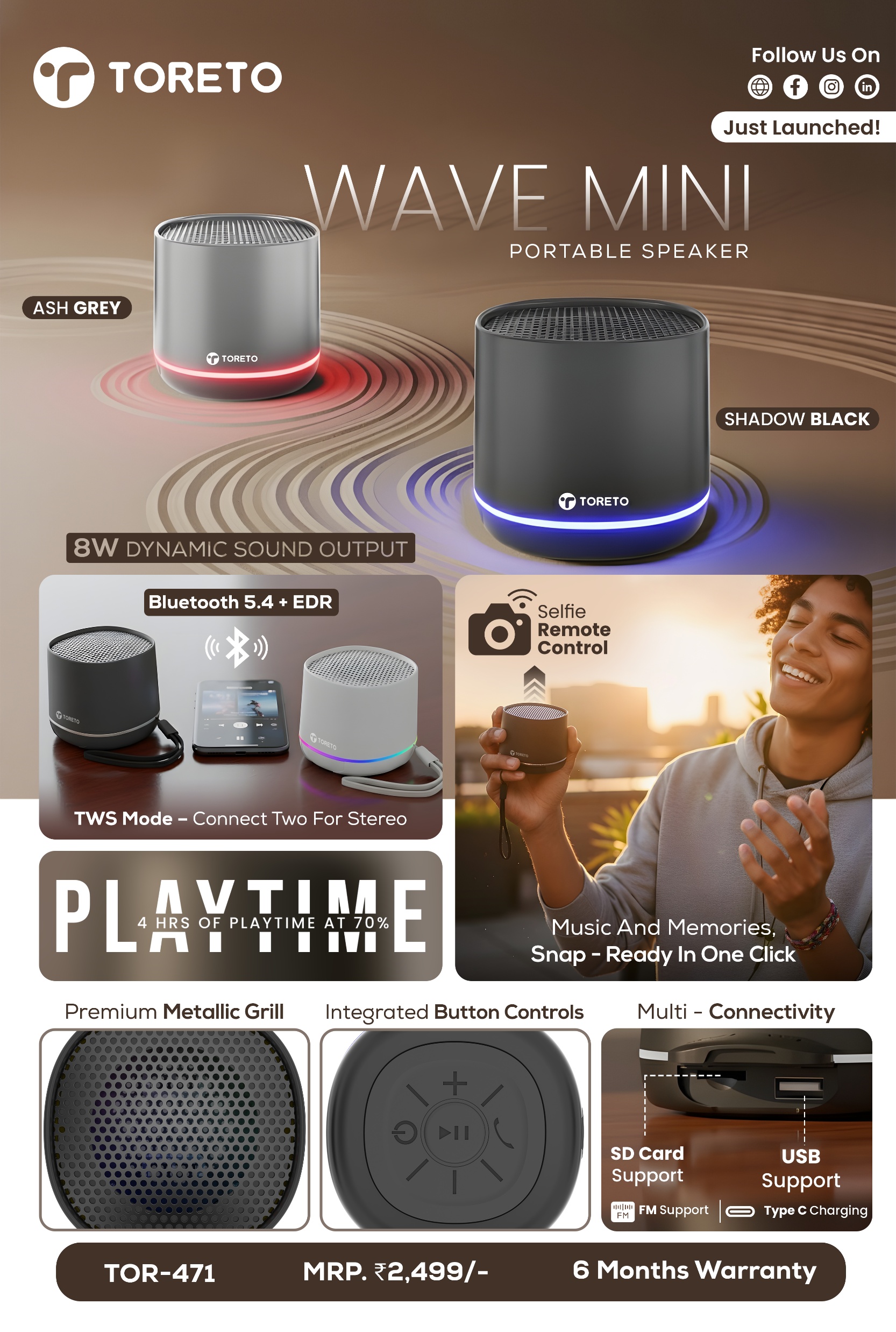 WAVE MINI, 8-Watt Wireless Speaker with RGB Light (Black & Grey)