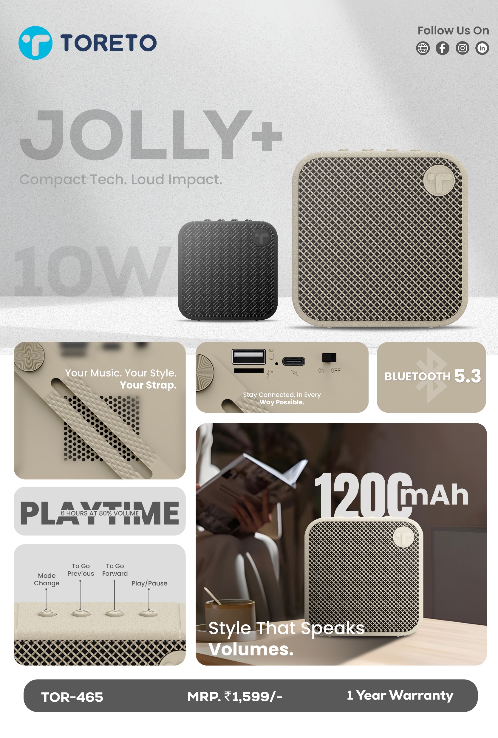 Toreto Jolly + Bluetooth Wireless Speaker (Black & Off White)