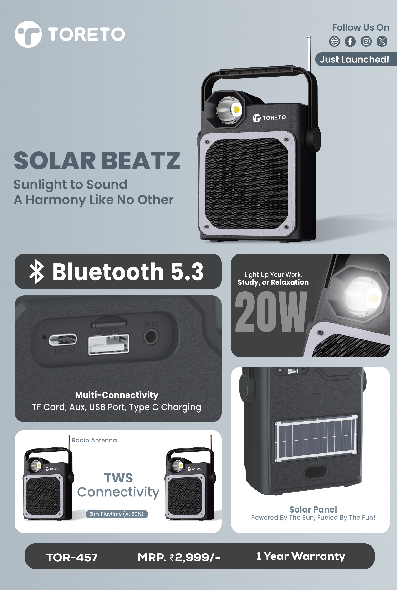 Toreto Solar Beats Wireless Speaker