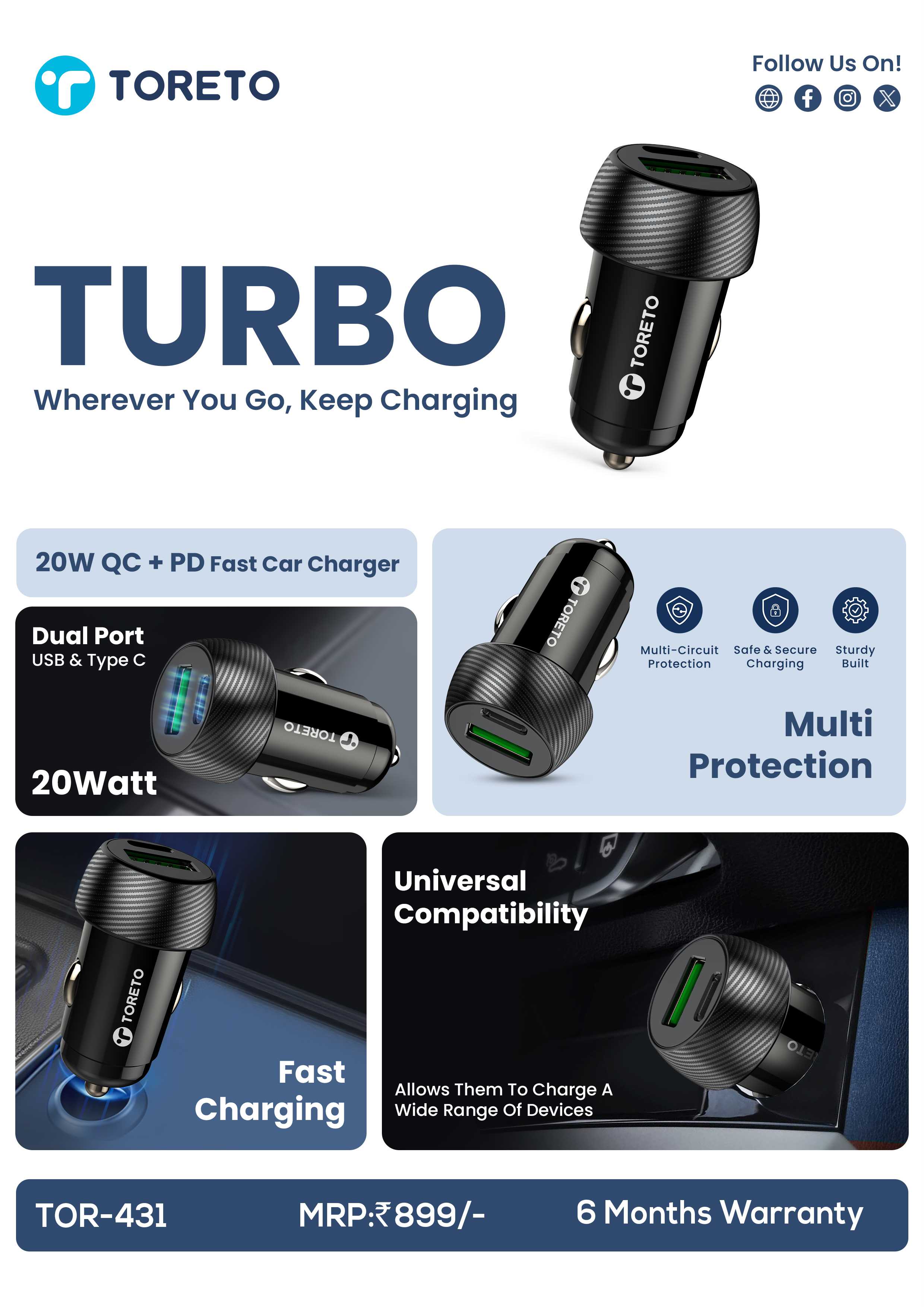 Toreto TURBO 20W QC+ PD Car charger