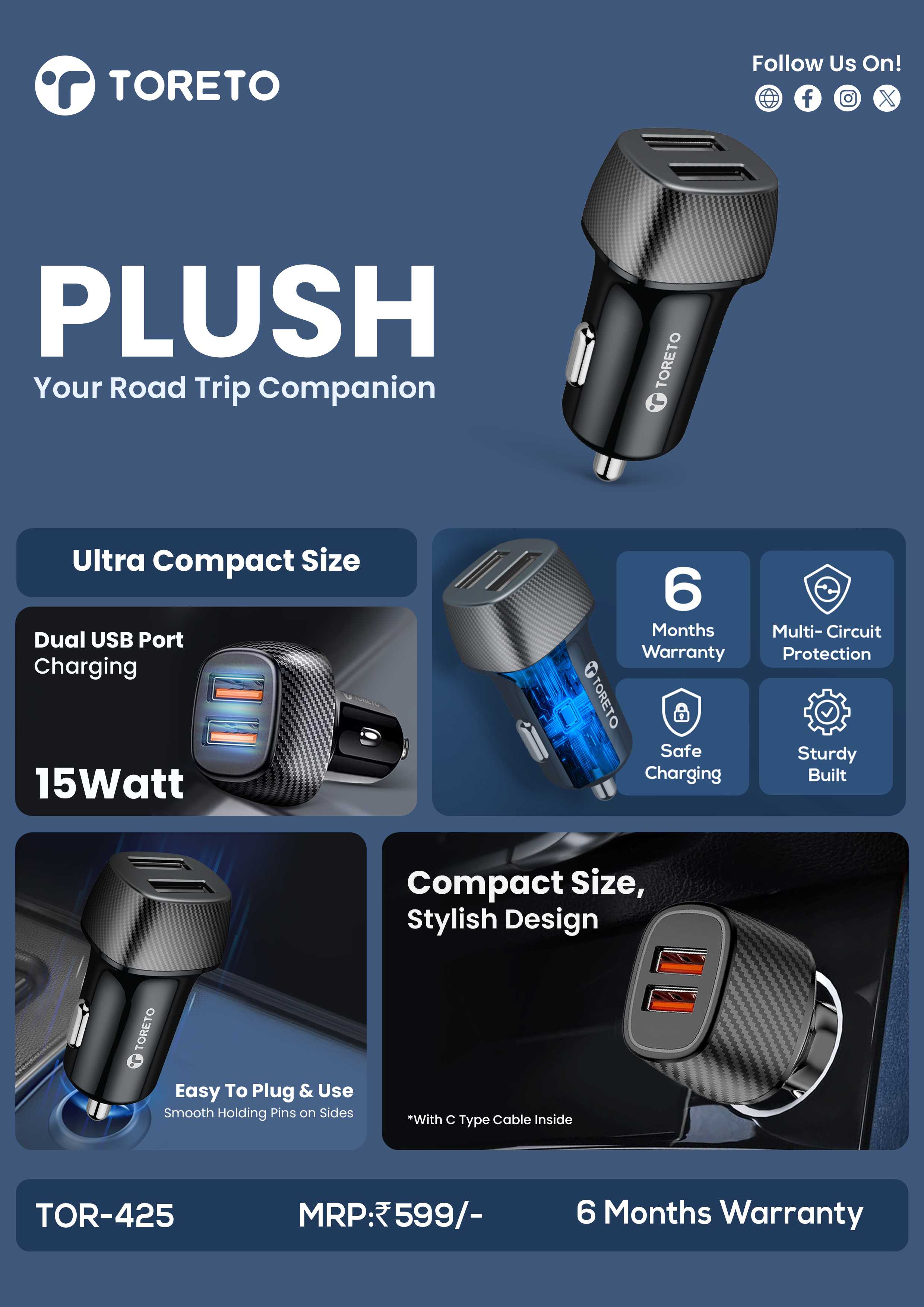 Toreto PLUSH Car Charger with Type C charging cable