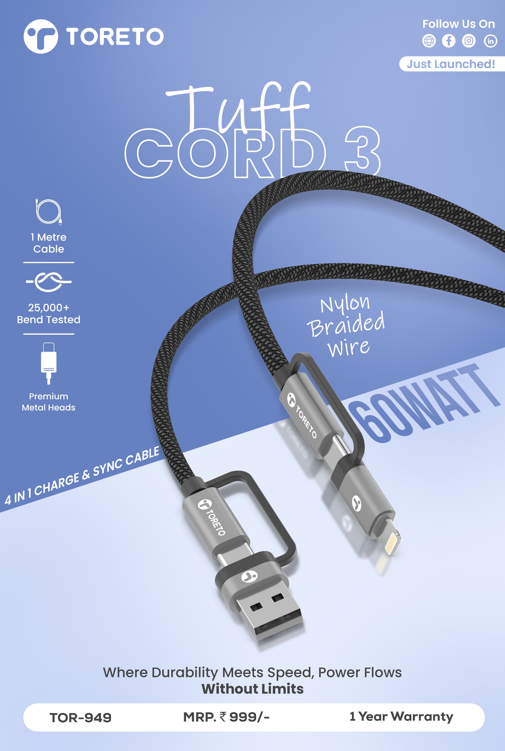 Toreto TUFF CORD 5 USB TO TYPE-C + I