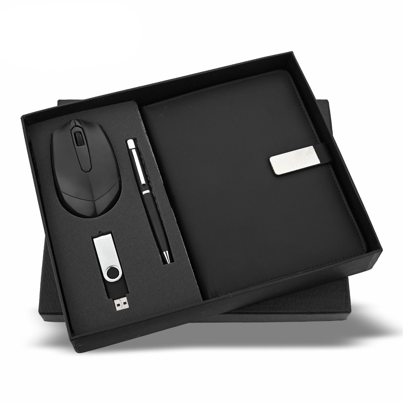 Black 4 in 1 Mouse Set Wireless Blue-tooth Mouse, 32 Gb Pen-drive, Notebook, Metalpen