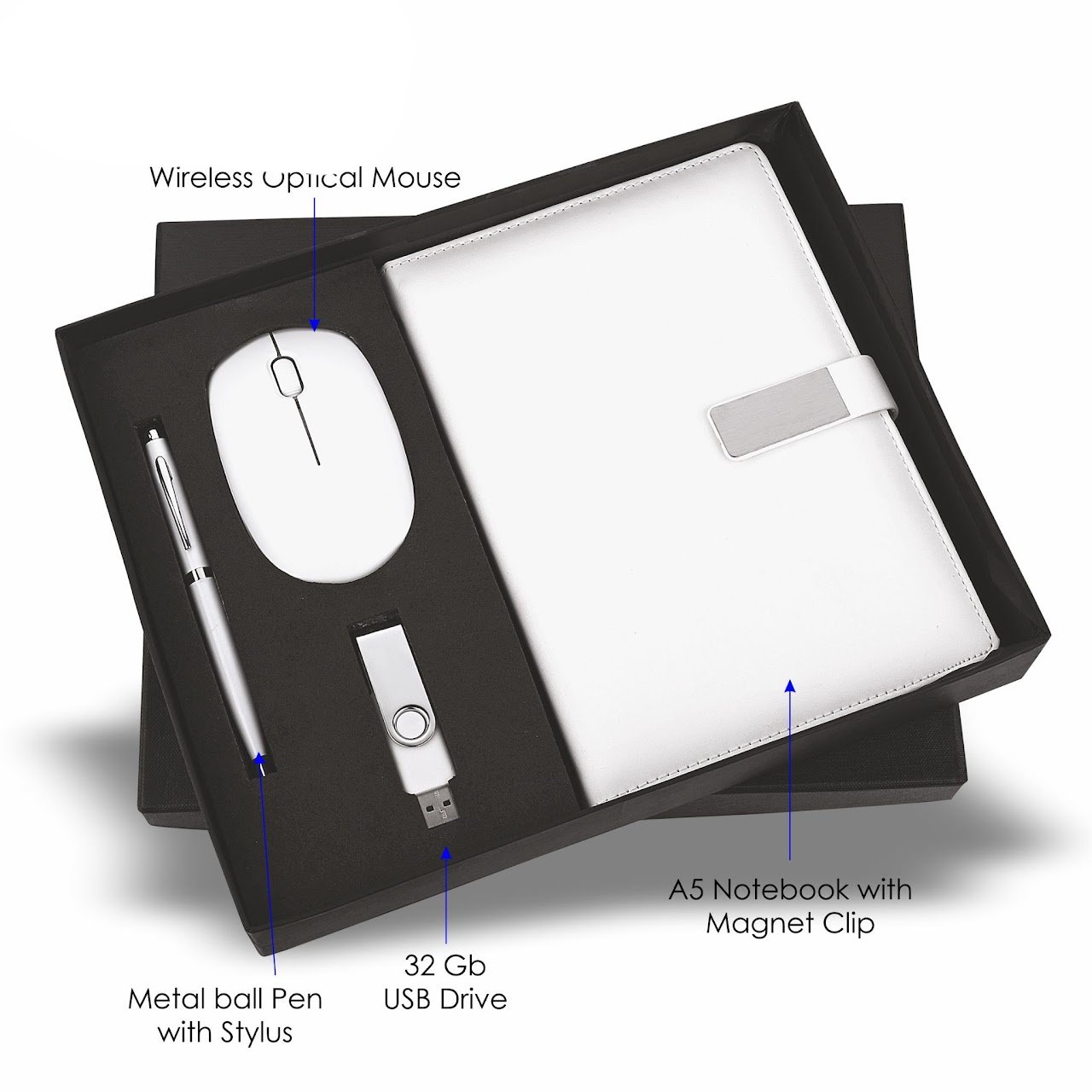 White 4 in 1 Mouse Set Wireless Blue-tooth Mouse, 32 Gb Pen-drive, Notebook, Metalpen