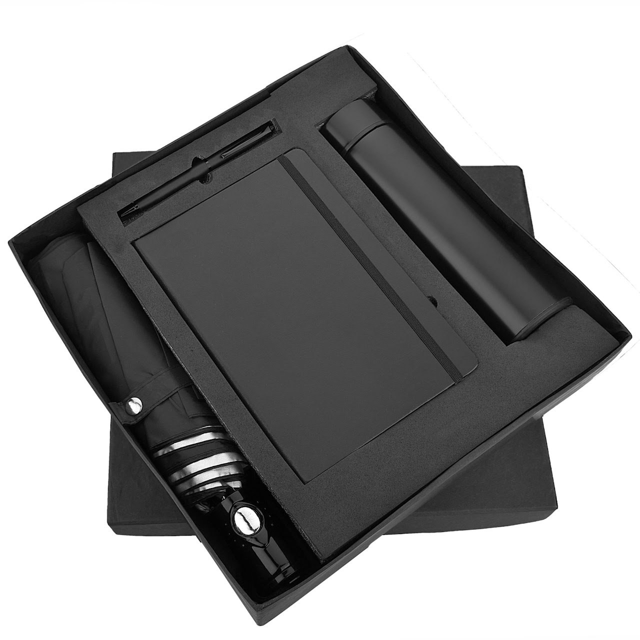 Black Thunder Non-Temperature Bottle, 3 Fold Umbrella, Diary, Metal Pen