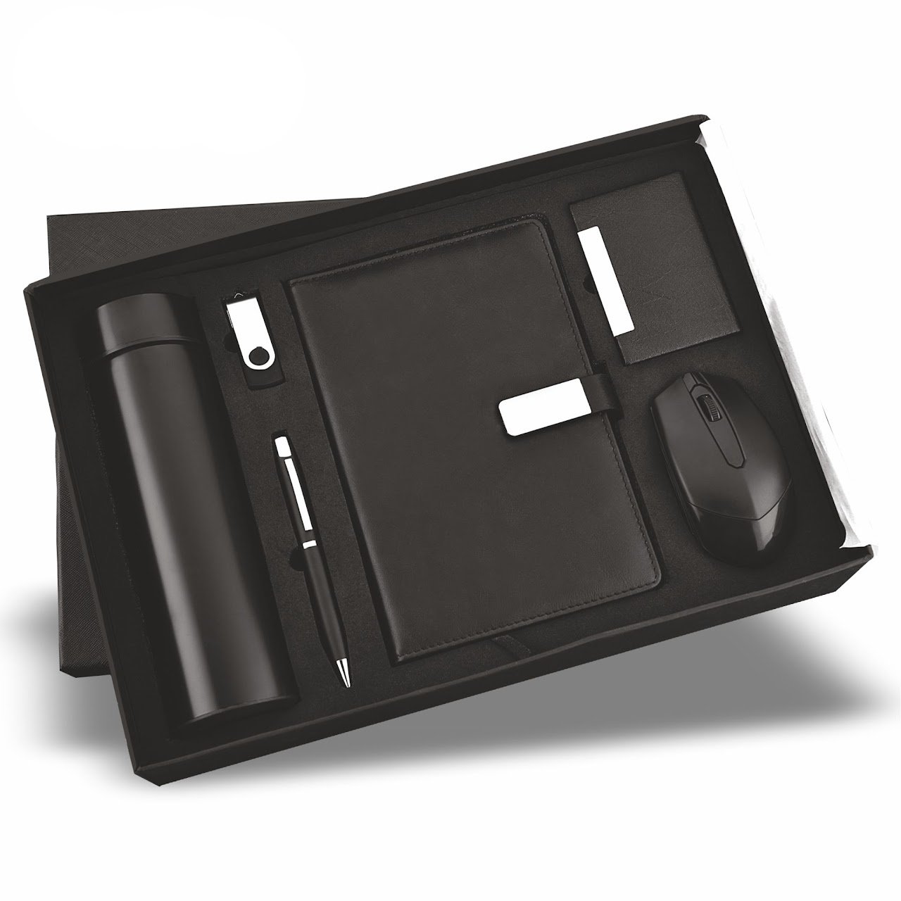 6 in 1 Wireless Mouse, Cardholder, Diary, Pen, 16 Gb Pendrive and Temperature Bottle