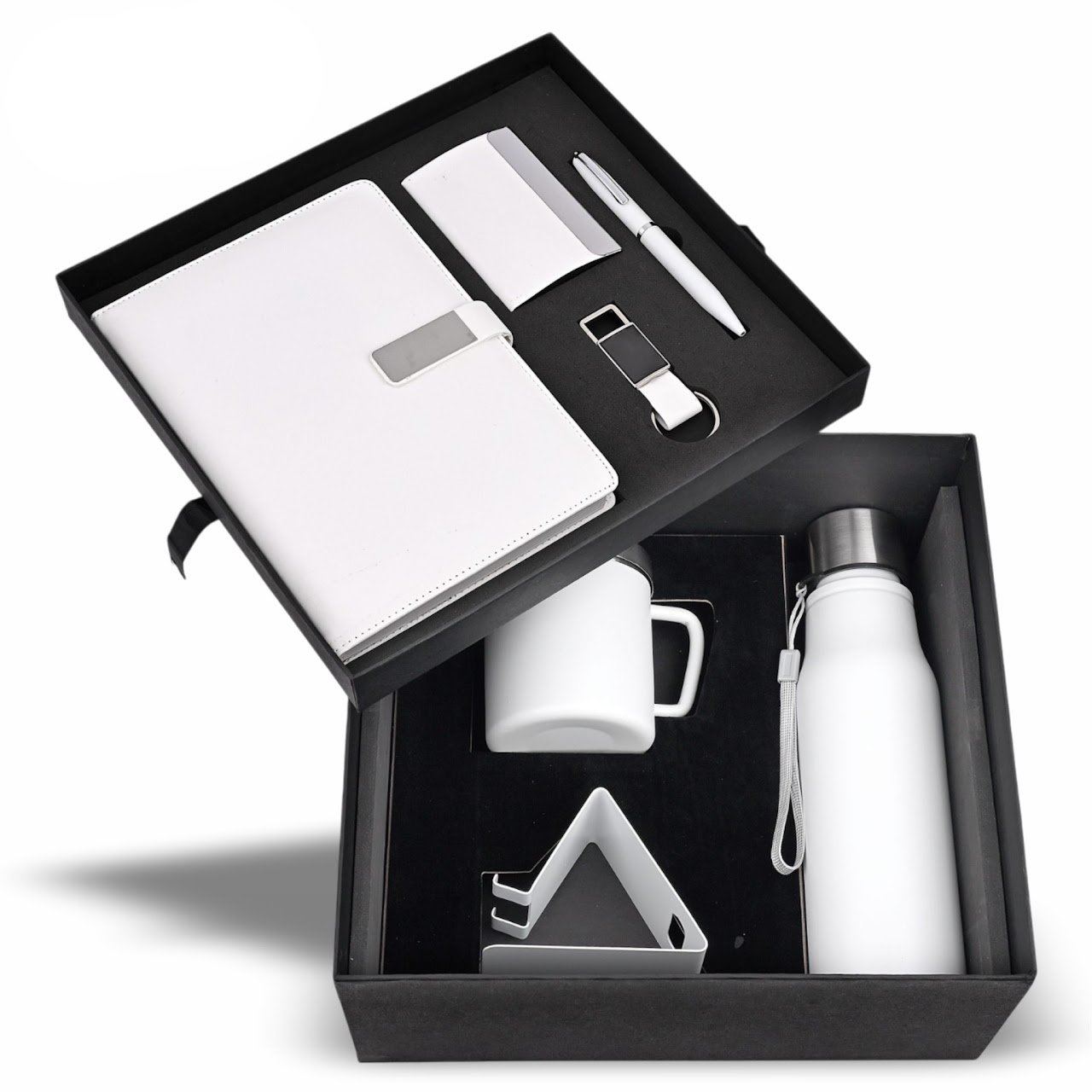 7 in 1 White Combo Set Diary, Pen, Keychain, Cardholder, Bottle, Mug, Mobile Stand