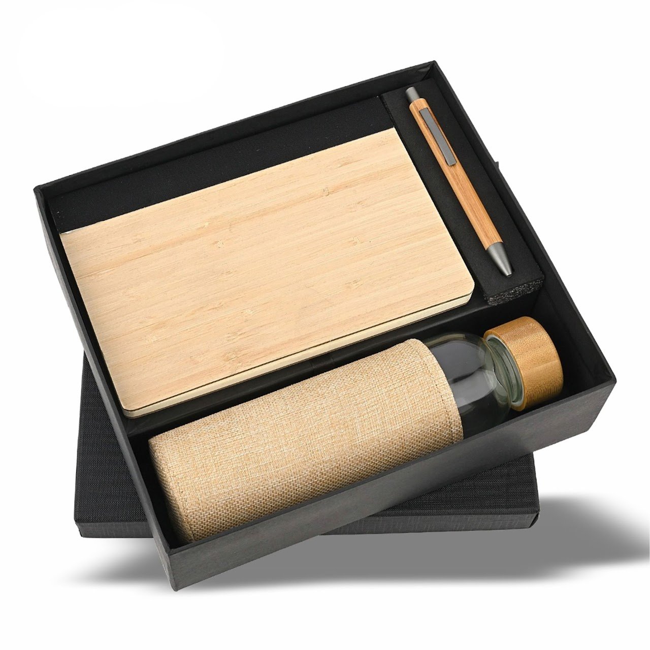 Wooden Diary, Pen and Glass Bottle With Jute Cover