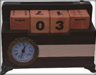 wooden table top time with clock