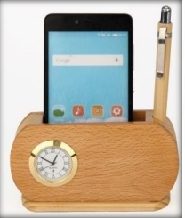 wooden mobile stand attached with pen and clock