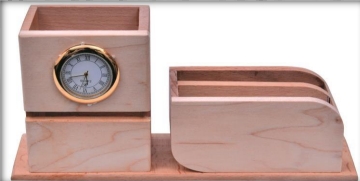 wooden table top a clock