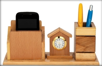 wooden table top mobile stand with clock and pen