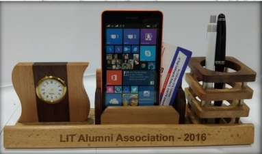 wooden mobile stand with clock and pen