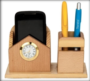 wooden table top pen with mobile and clock