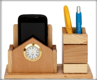 wooden table top mobile with clock and pen 