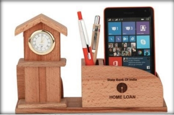 wooden table top clock stand with mobile and pen