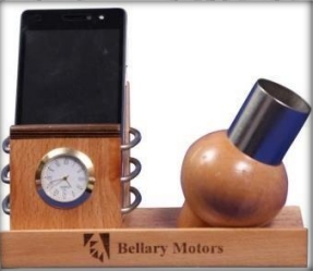 wooden table top mobile attached with clock