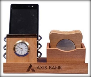 wooden table top pen attached with clock and card stand