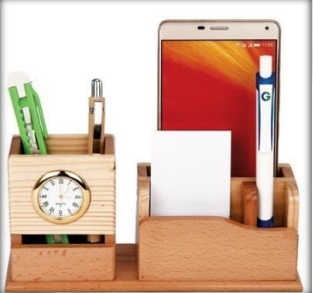 wooden table top pen and clock with mobile stand
