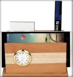 wooden table top pen holder with clock