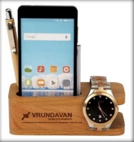 wooden table top mobile stand with pen and clock