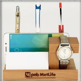 wooden table top mobile stand watch and pen