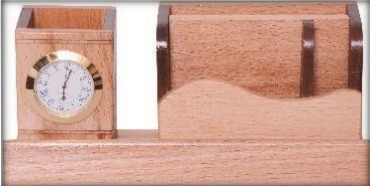 wooden table top clock and pen and mobile stand