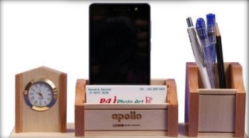 wooden table top clock and mobile stand with pen