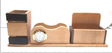 wooden table top clock with mobile and pen stand