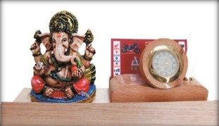 wooden table top ganpati with clock