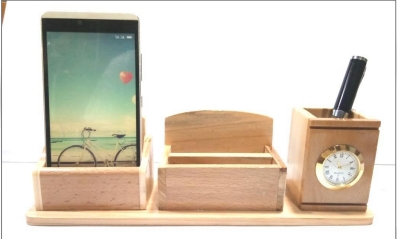 wooden table top mobile stand with pen and clock with card 