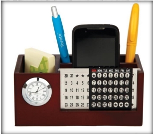wooden table top calender with clock mobile stand pen and card
