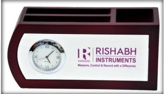 wooden table top clock with pen 