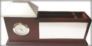 wooden table top clock pen stand card holder