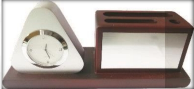 wooden table top clock with pen and mobile holder stand