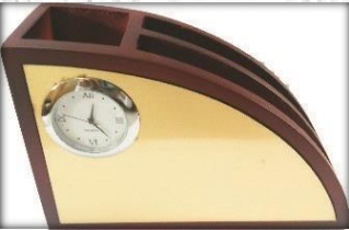 wooden table top clock with pen and card stand