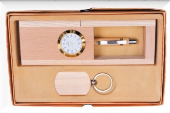 wooden table top clock with pen and keychain and card