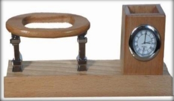 wooden table top with clock